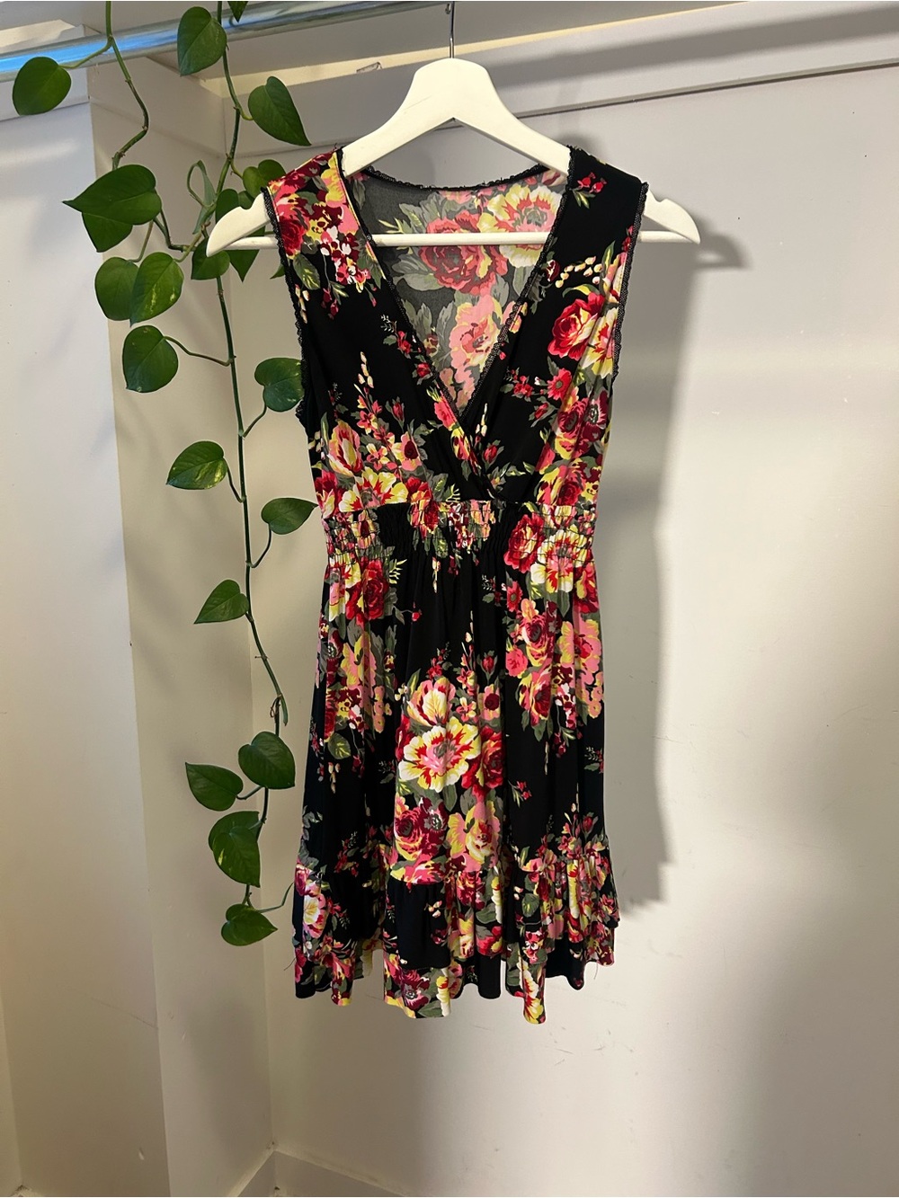 Floral V-Neck Sleeveless Black Dress with Pink & Red Blooms
